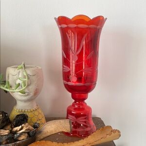 Vibrant Red Glass Vase with Tulip Shape and Scalloped Edge